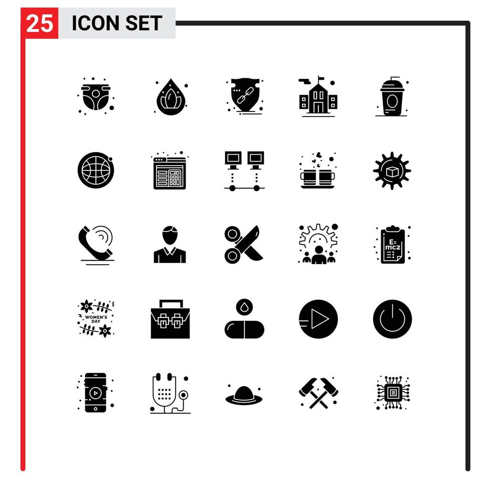 conjunto de glifos sólidos de interface móvel de 25 pictogramas de elementos de design de vetores editáveis de escudo de bandeira de educação cole