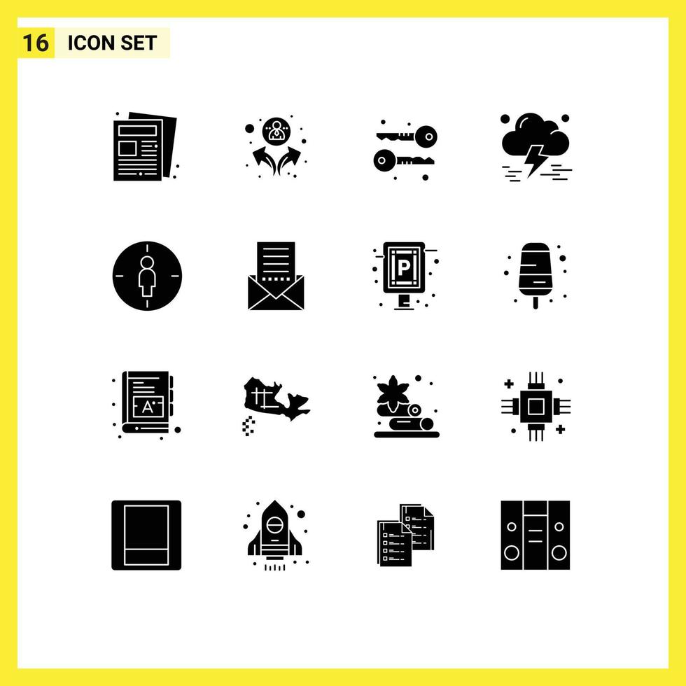 grupo de símbolos de ícone universal de 16 glifos sólidos modernos de teclas masculinas alvo homem tempestade elementos de design de vetores editáveis