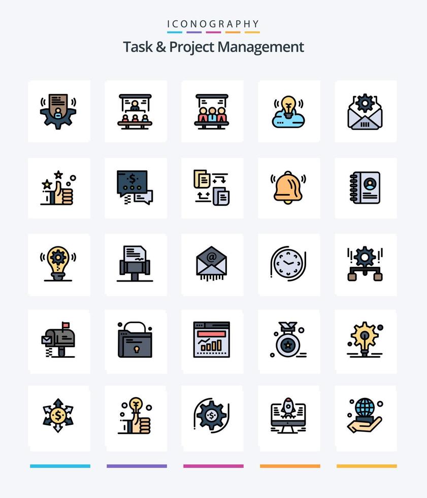 Tarefa criativa e gerenciamento de projetos Pacote de ícones preenchidos com 25 linhas, como correio. criativo em nuvem. projetor. campanha. do utilizador vetor