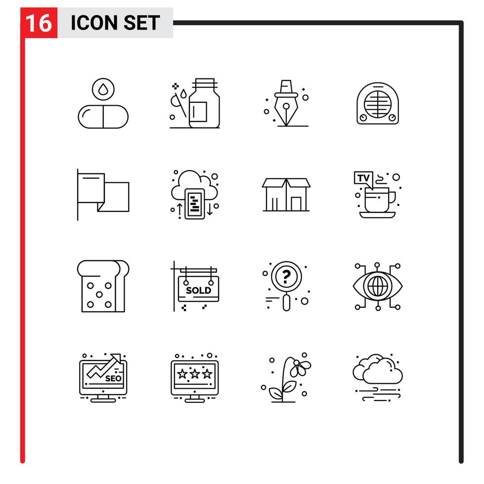 grupo de símbolos de ícones universais de 16 contornos modernos de elementos de design de vetores editáveis de ventiladores de aquecimento de remédios caseiros