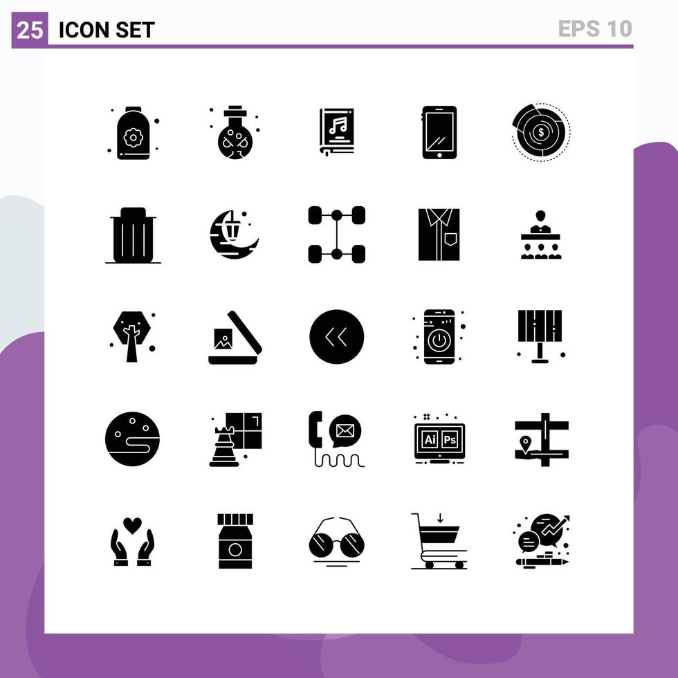 conjunto moderno de pictograma de 25 glifos sólidos do álbum móvel do iphone, elementos de design de vetores editáveis de vídeo do telefone inteligente