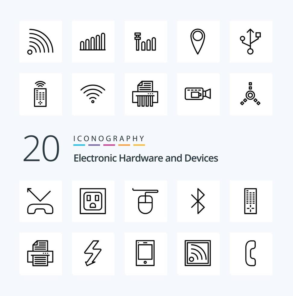 Pacote de ícones de linha de 20 dispositivos, como sinal de conexão de guitarra de conexão rss vetor