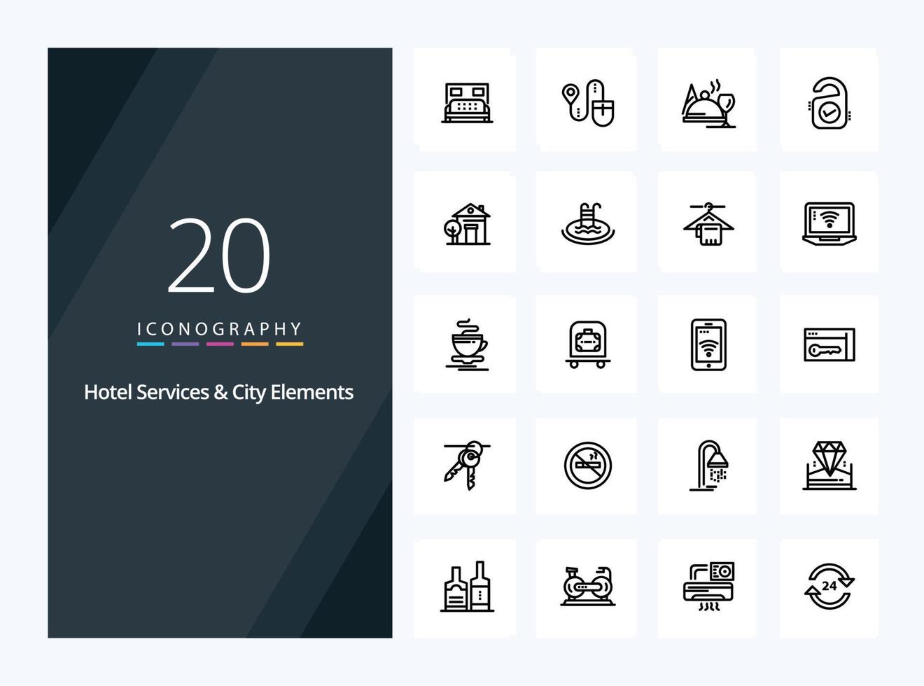 20 serviços de hotelaria e ícone de contorno de elementos da cidade para apresentação vetor