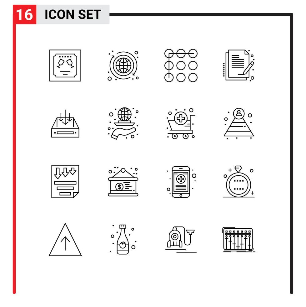 conjunto de 16 sinais de símbolos de ícones de interface do usuário modernos para caixa de entrada de bloqueio de papel de documento editável elementos de design vetorial vetor