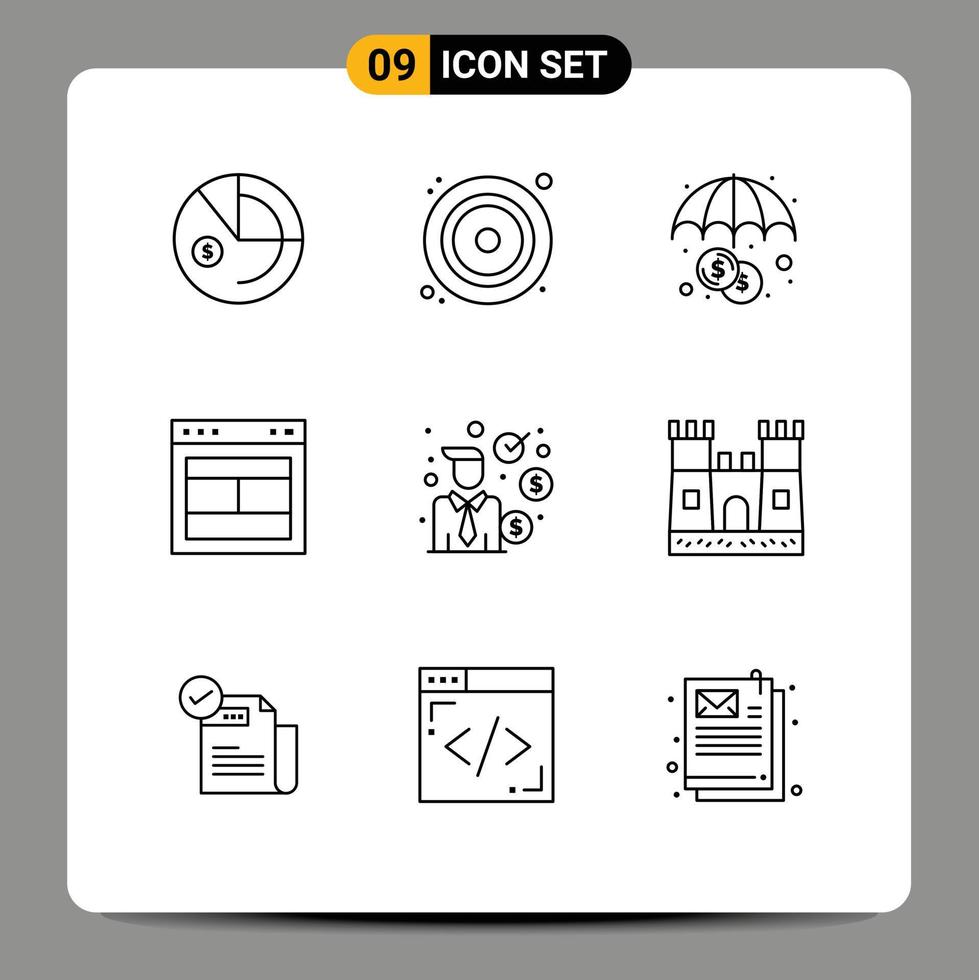 grupo de símbolos de ícone universal de 9 contornos modernos do site de investimento finanças layout da web elementos de design de vetores editáveis