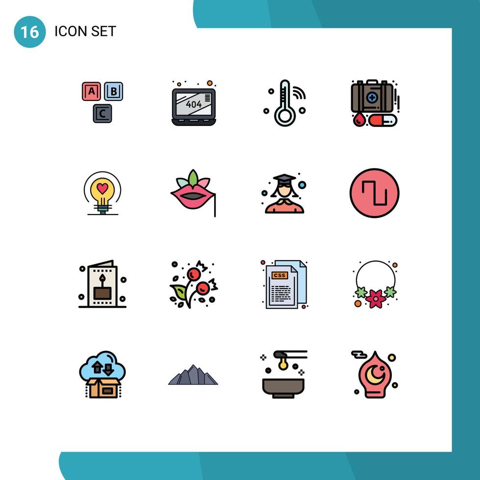 pacote de interface do usuário de 16 linhas básicas cheias de cores planas de medicina do amor internet das coisas caso de primeiros socorros elementos de design de vetores criativos editáveis