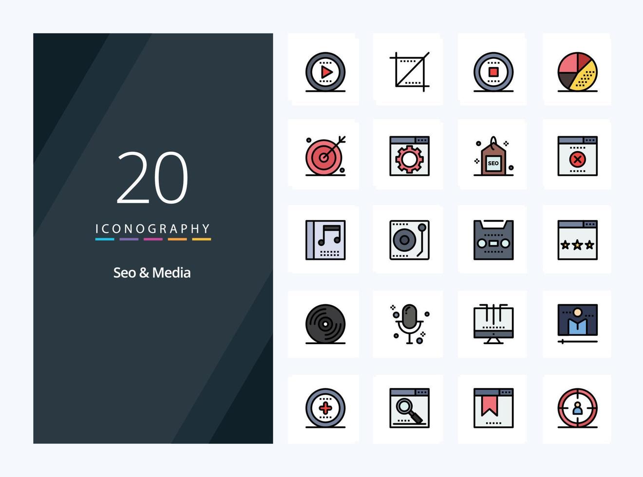 ícone preenchido de linha de mídia 20 seo para apresentação vetor