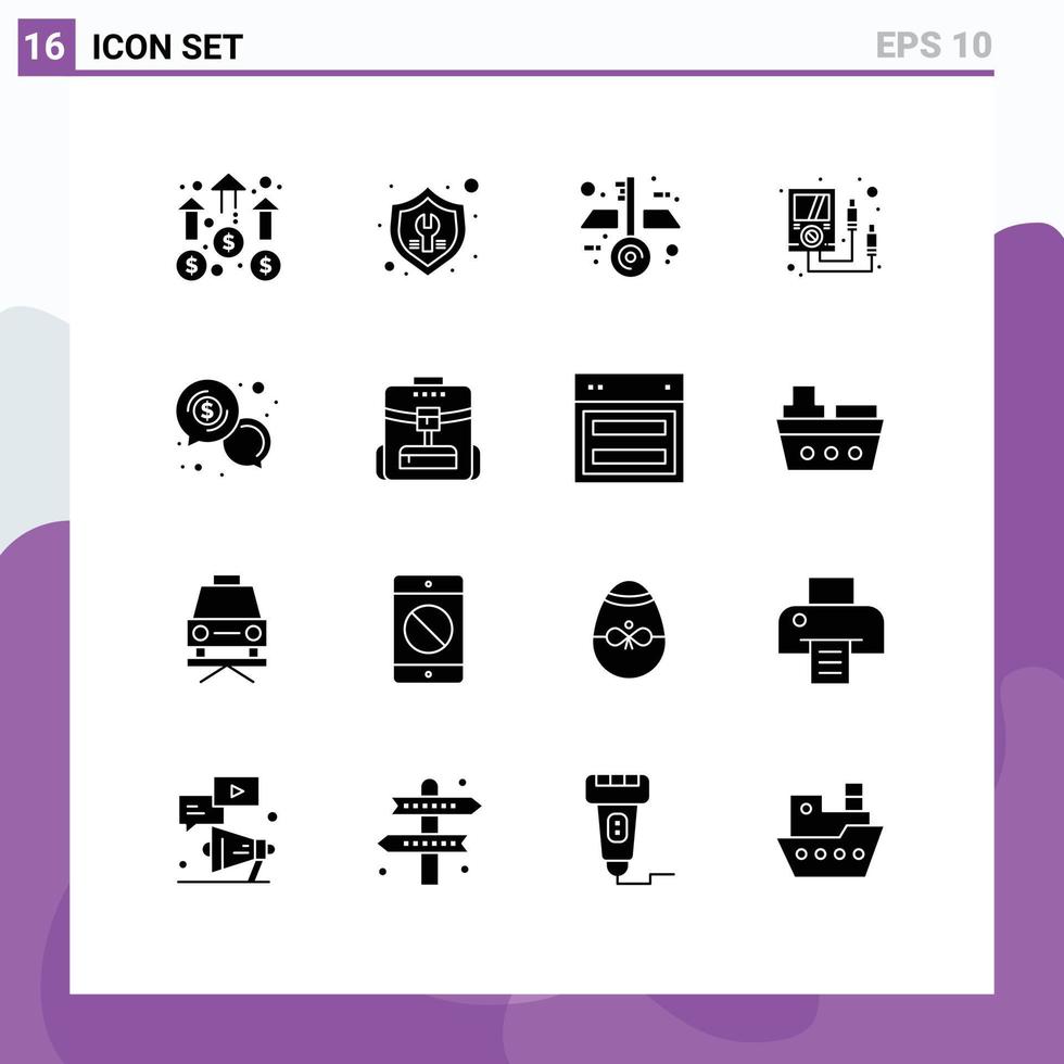 Pacote de glifos sólidos de 16 interfaces de usuário de sinais e símbolos modernos de chaves eletrônicas de reparo de medidores de negócios, elementos de design vetorial editáveis vetor