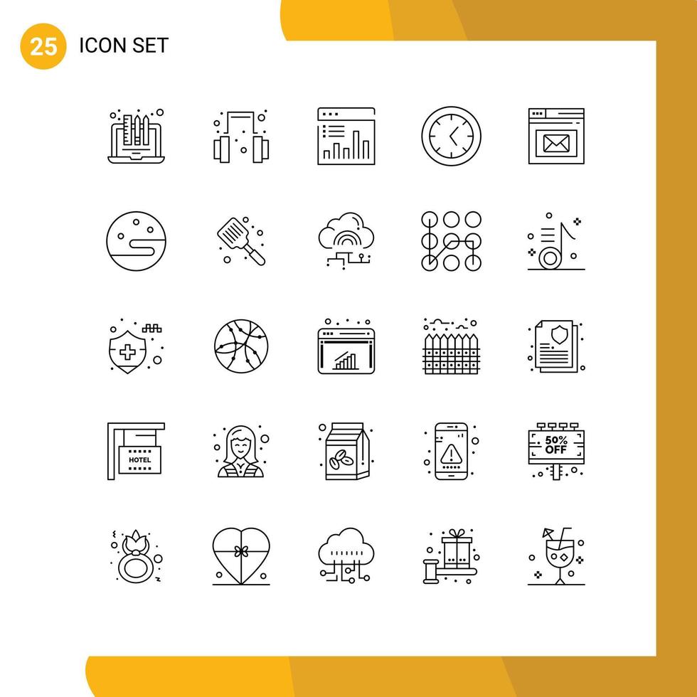 Pacote de linha de interface de usuário de 25 sinais e símbolos modernos de análise de navegador de correio, monitoramento de relógio, elementos de design de vetores editáveis