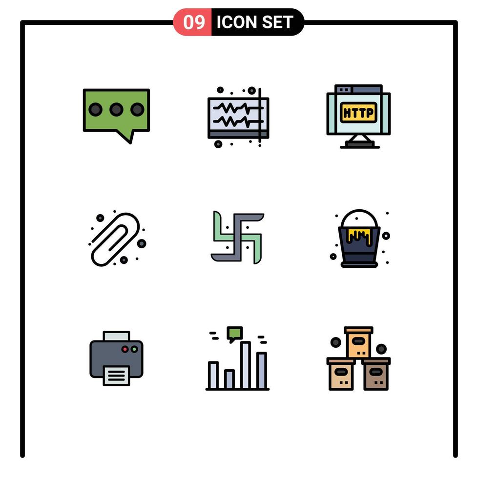 9 interface do usuário pacote de cores planas de linha cheia de sinais e símbolos modernos de clipe de papel de domínio da igreja de oração de volta aos elementos de design vetorial editáveis da escola vetor