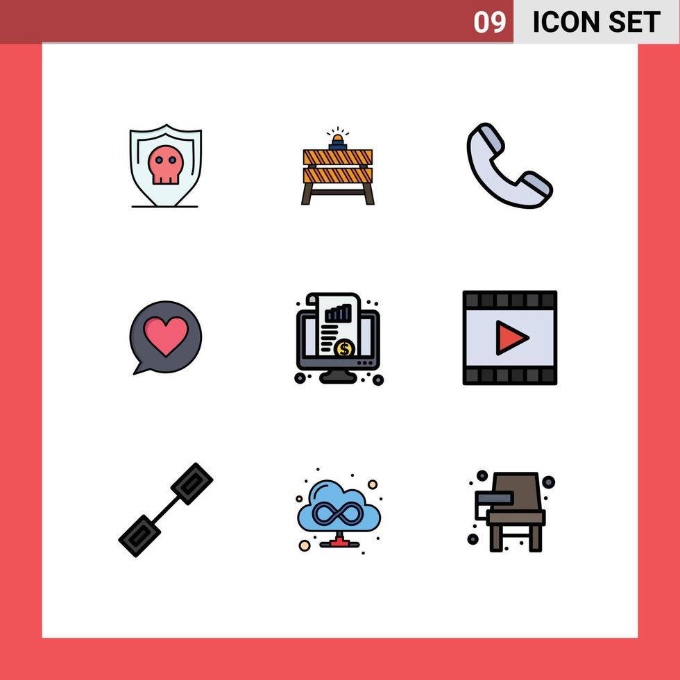grupo de símbolos de ícone universal de 9 cores planas modernas de linhas preenchidas do monitor, painel, estrada, coração, bate-papo, elementos de design vetorial editáveis vetor