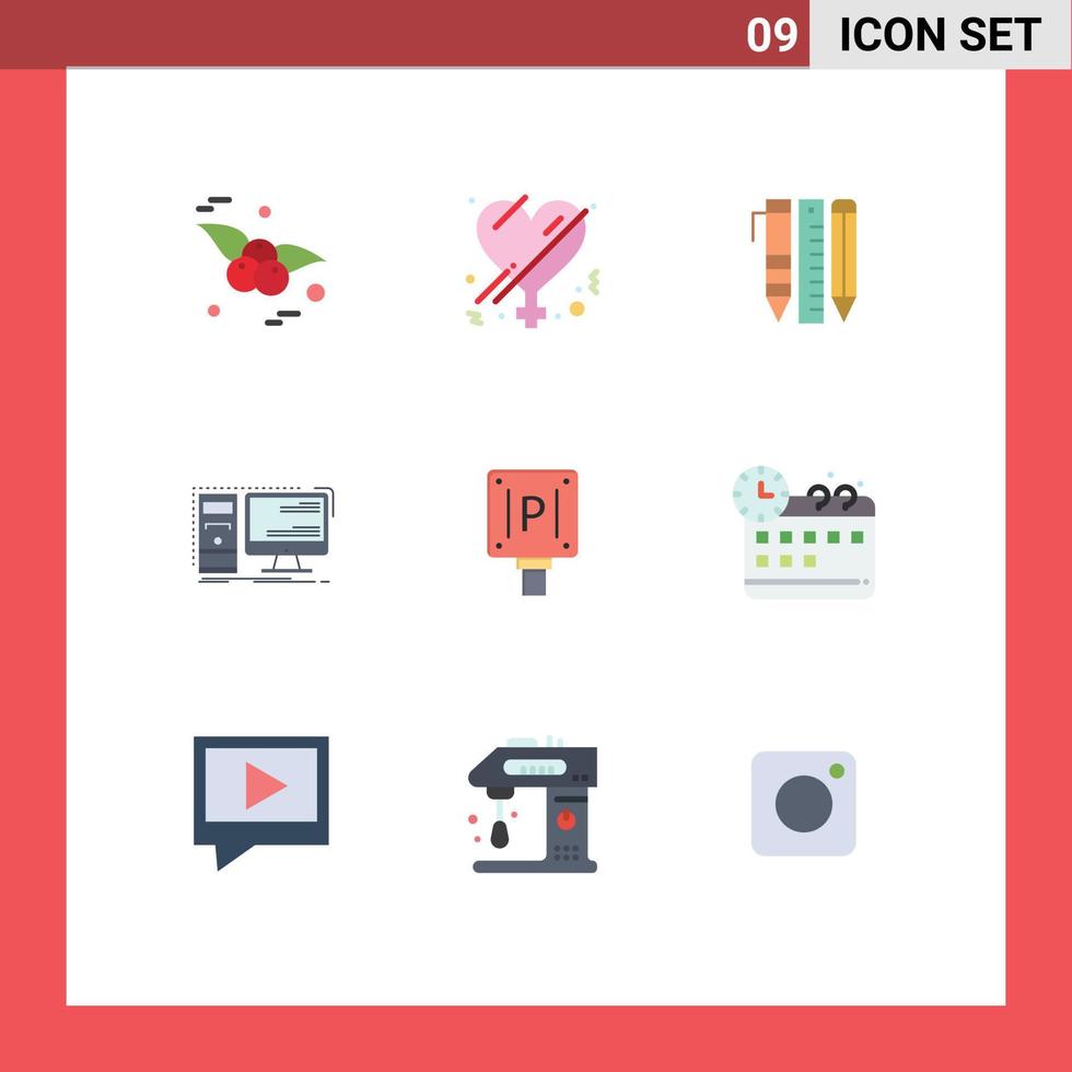 9 cores planas vetoriais temáticas e símbolos editáveis da estação de trabalho de estacionamento, ferramentas essenciais, hardware, computador, elementos de design vetorial editáveis vetor