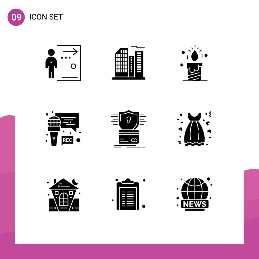 pacote de ícones de vetores de estoque de 9 sinais e símbolos de linha para gravação de segurança, microfone de escritório, amor, elementos de design de vetores editáveis
