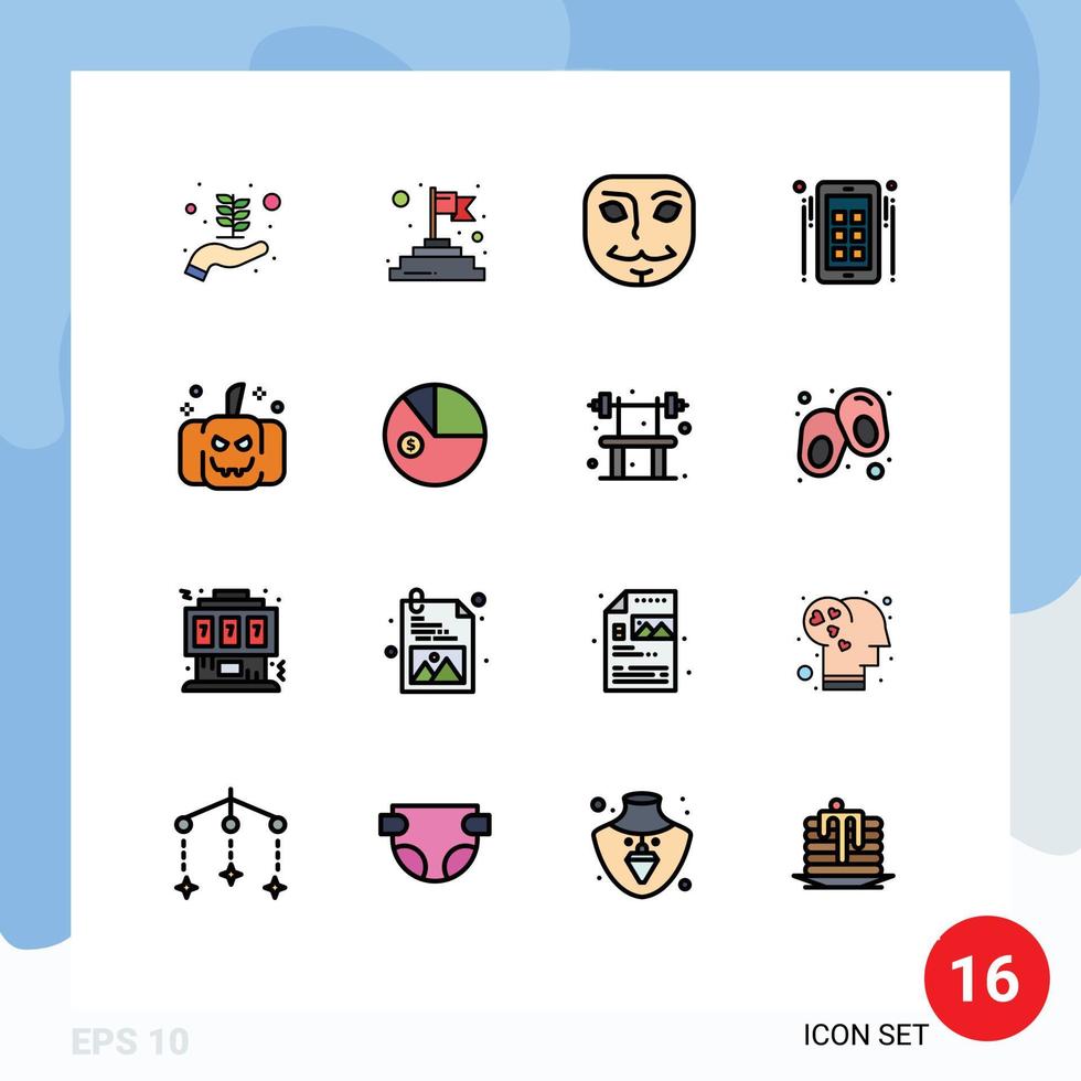 conjunto de pictogramas de 16 linhas cheias de cores planas simples de abóbora de máscara assustadora de dados anunciam elementos de design de vetores criativos editáveis