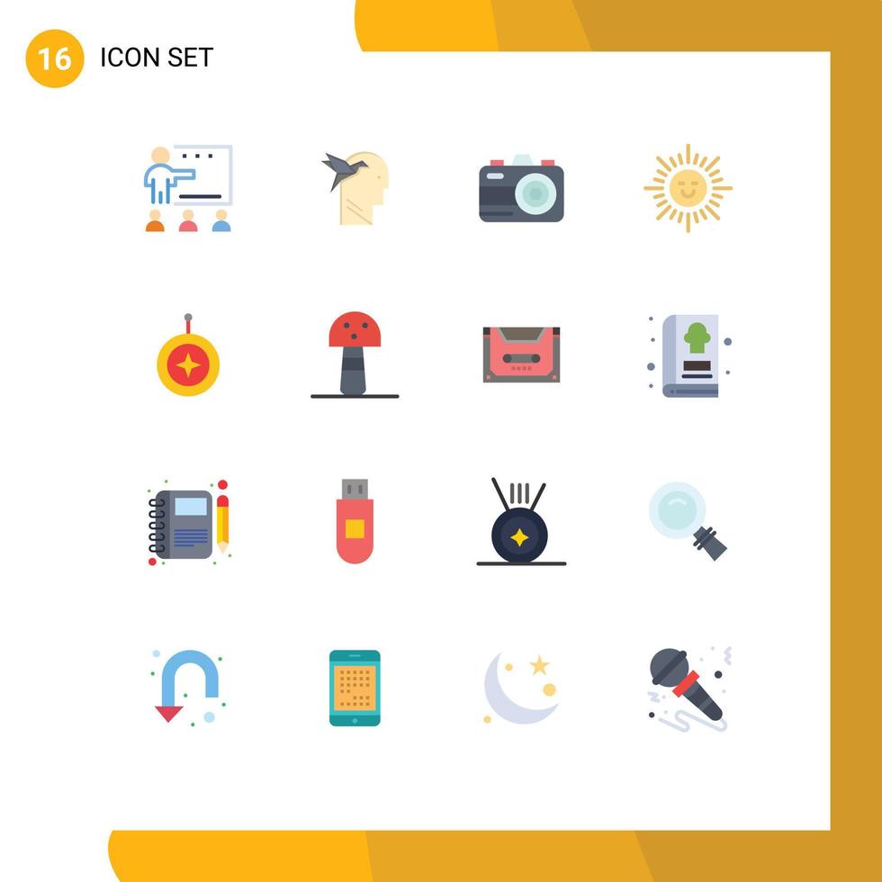 pacote de 16 sinais e símbolos modernos de cores planas para mídia impressa na web, como distintivo de medalha brian sun beach pacote editável de elementos de design de vetores criativos