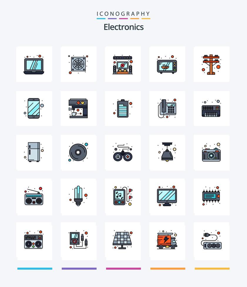 pacote de ícones cheios de 25 linhas de eletrônicos criativos, como celular. poder. sistema. torre elétrica. forno vetor