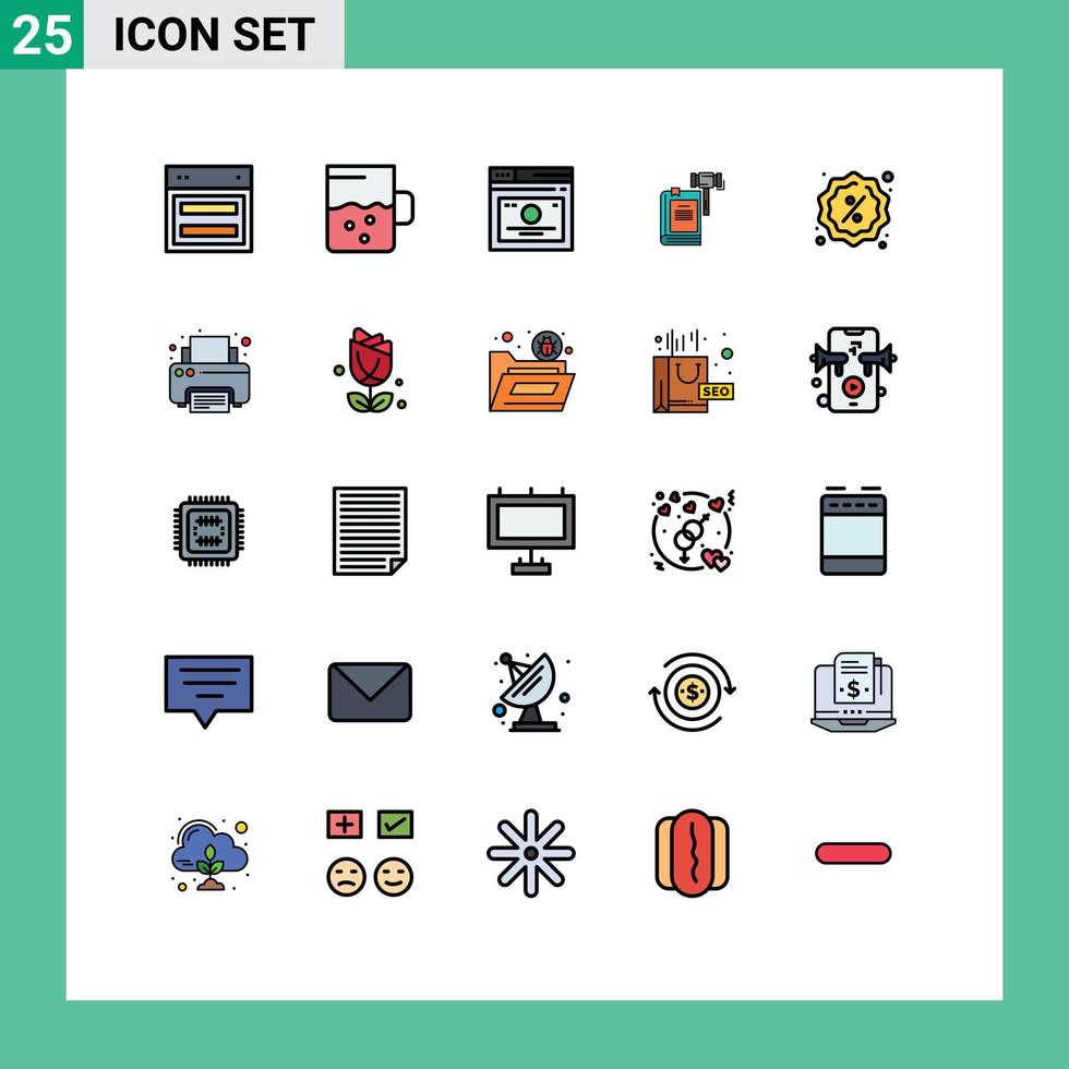 pacote de interface do usuário de 25 cores planas de linha preenchida básica de ação de layout de leilão de martelo elementos de design de vetores editáveis na web