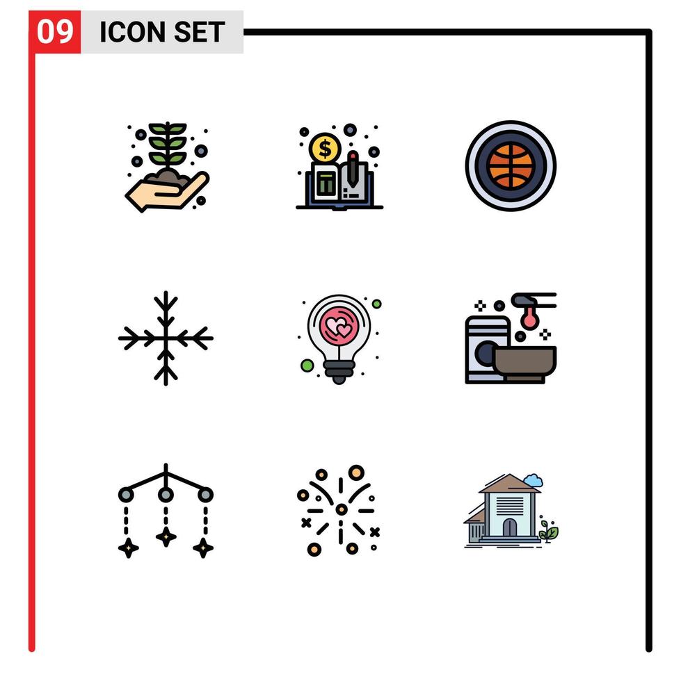 pacote de cores planas de linha preenchida de 9 símbolos universais de interface de bulbo de coração natureza neve elementos de design de vetores editáveis