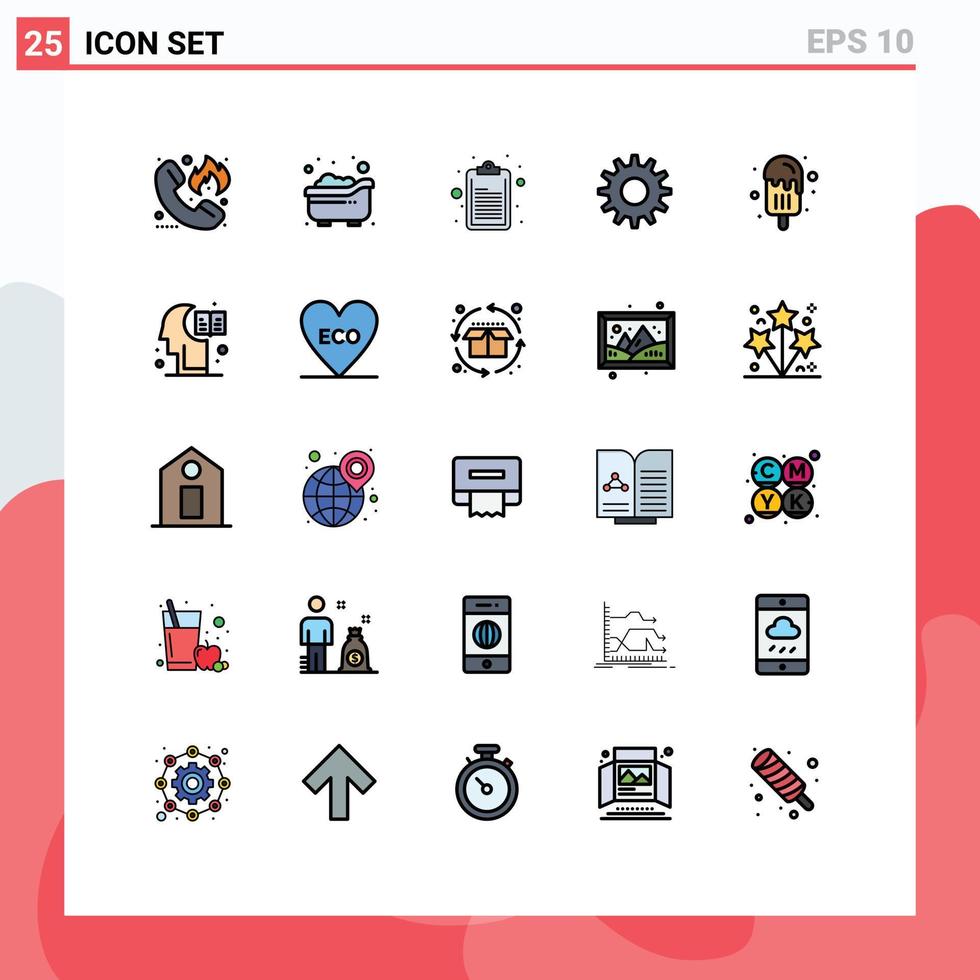 25 interface do usuário linha cheia pacote de cores planas de sinais e símbolos modernos de configuração de criança de sobremesa de sorvete engrenagens elementos de design de vetores editáveis