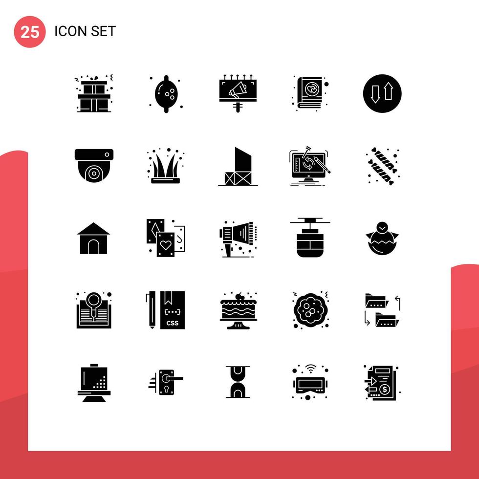 grupo de símbolos de ícone universal de 25 glifos sólidos modernos de setas de outdoor para cima e para baixo elementos de design de vetor editável romântico