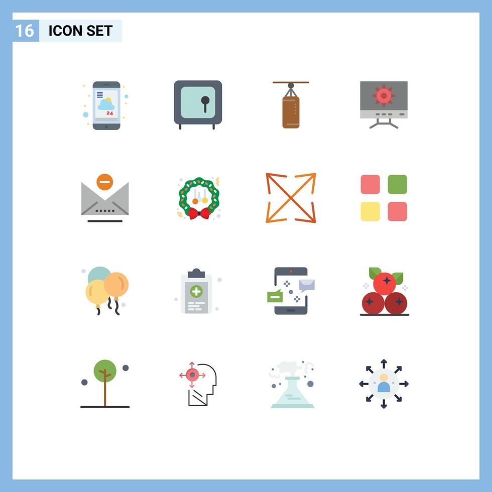 16 símbolos de sinais de cores planas universais de configuração de e-mail, dinheiro, saco de pancadas de computador, pacote editável de elementos de design de vetores criativos