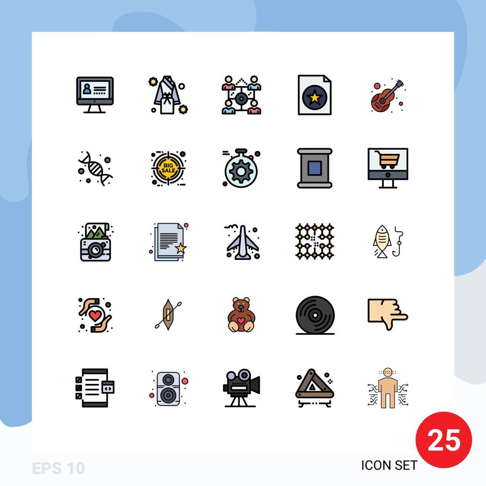 pacote de interface do usuário de 25 cores planas de linha preenchida básica de documento de arquivo de negócios de guitarra musical elementos de design de vetores editáveis