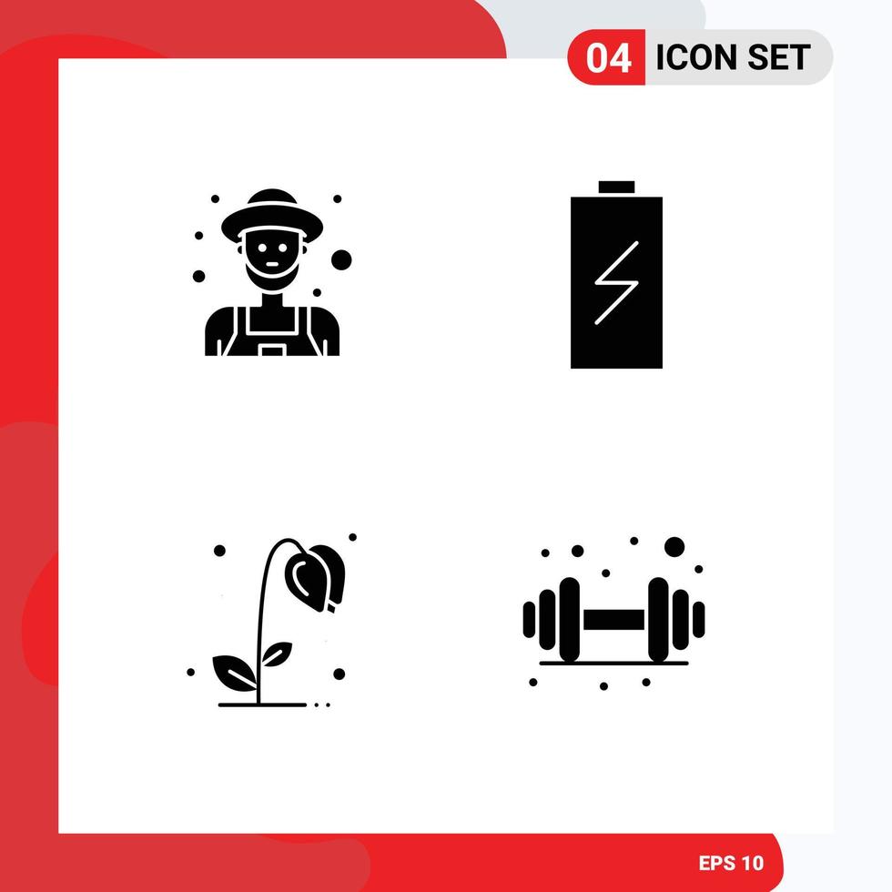 conjunto de glifos sólidos de interface móvel de 4 pictogramas de flor de sol agricultor velho carregando elementos de design de vetores editáveis de natureza