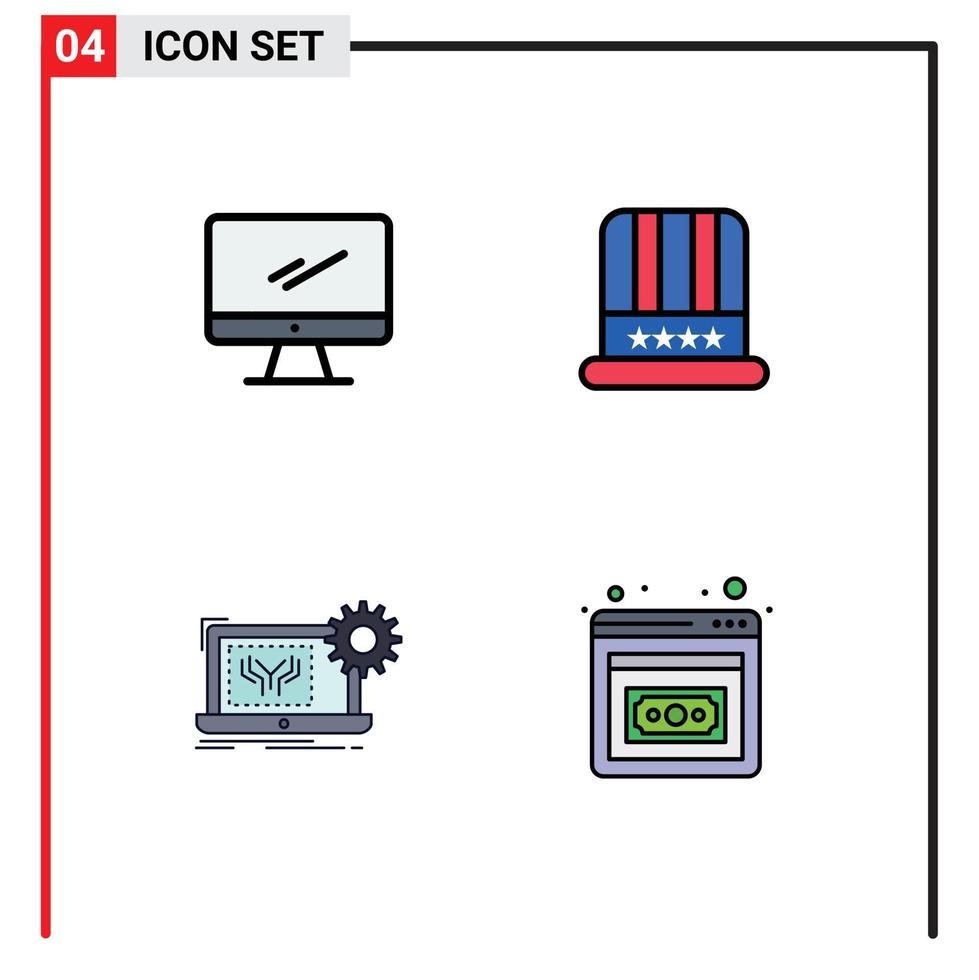 conjunto de cores planas de linha preenchida de interface móvel de 4 pictogramas de projeto de computador imac cap eletrônica editável elementos de design vetorial vetor