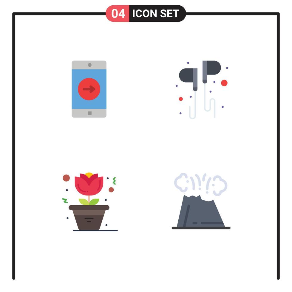4 ícones planos universais assinam símbolos de flor de aplicativo, aplicativo móvel, fone de ouvido, pote, elementos de design de vetores editáveis