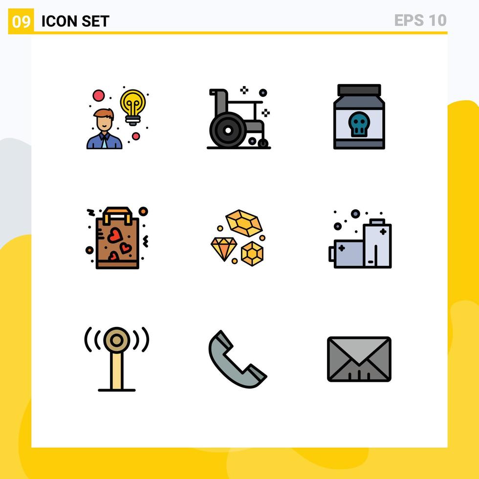pacote de 9 sinais e símbolos modernos de cores planas de linha preenchida para mídia impressa na web, como remédio favorito de papel, compre elementos de design vetorial editáveis de caveira vetor