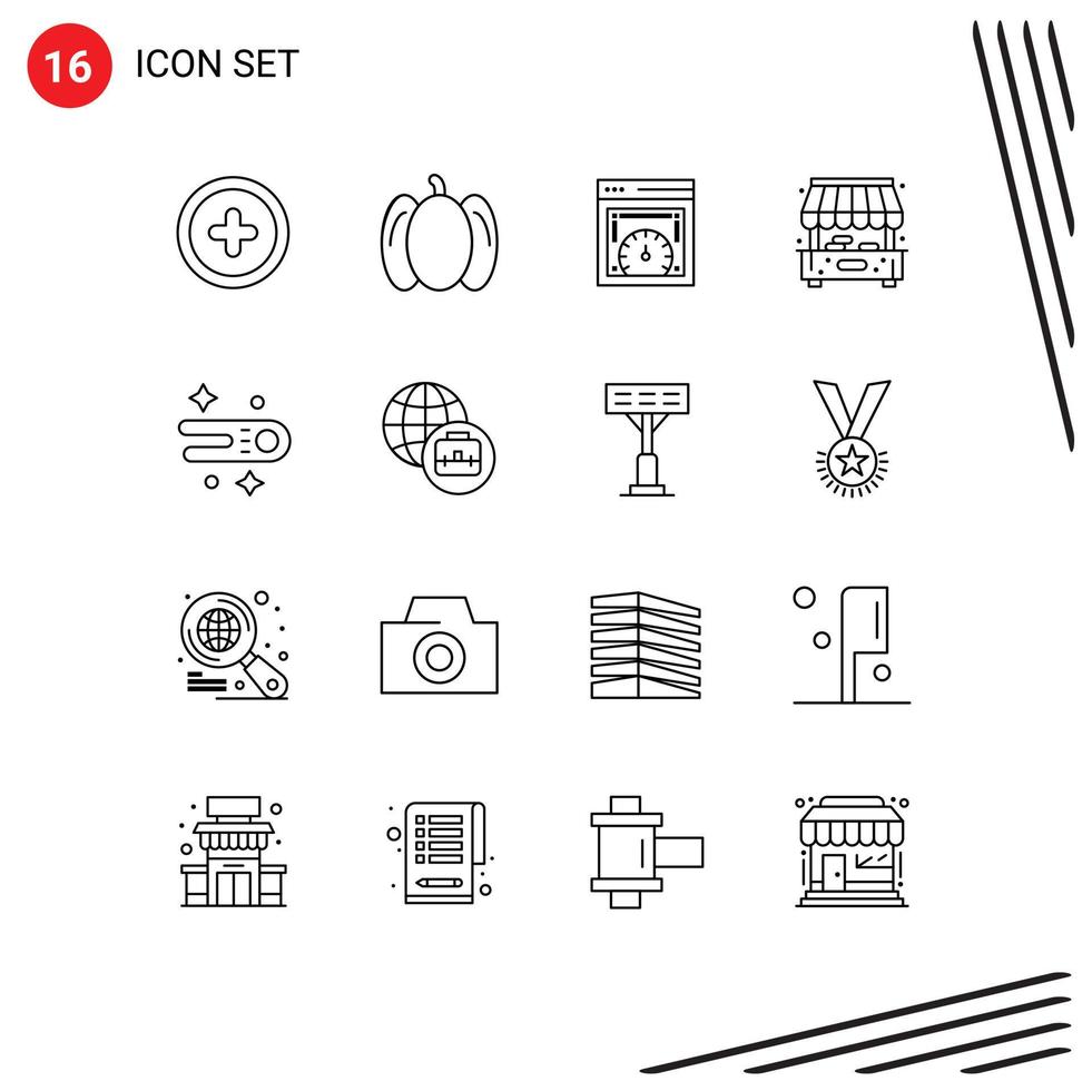 16 ícones criativos, sinais e símbolos modernos de espaço de construção, velocidade da web, loja de cometas, elementos de design de vetores editáveis