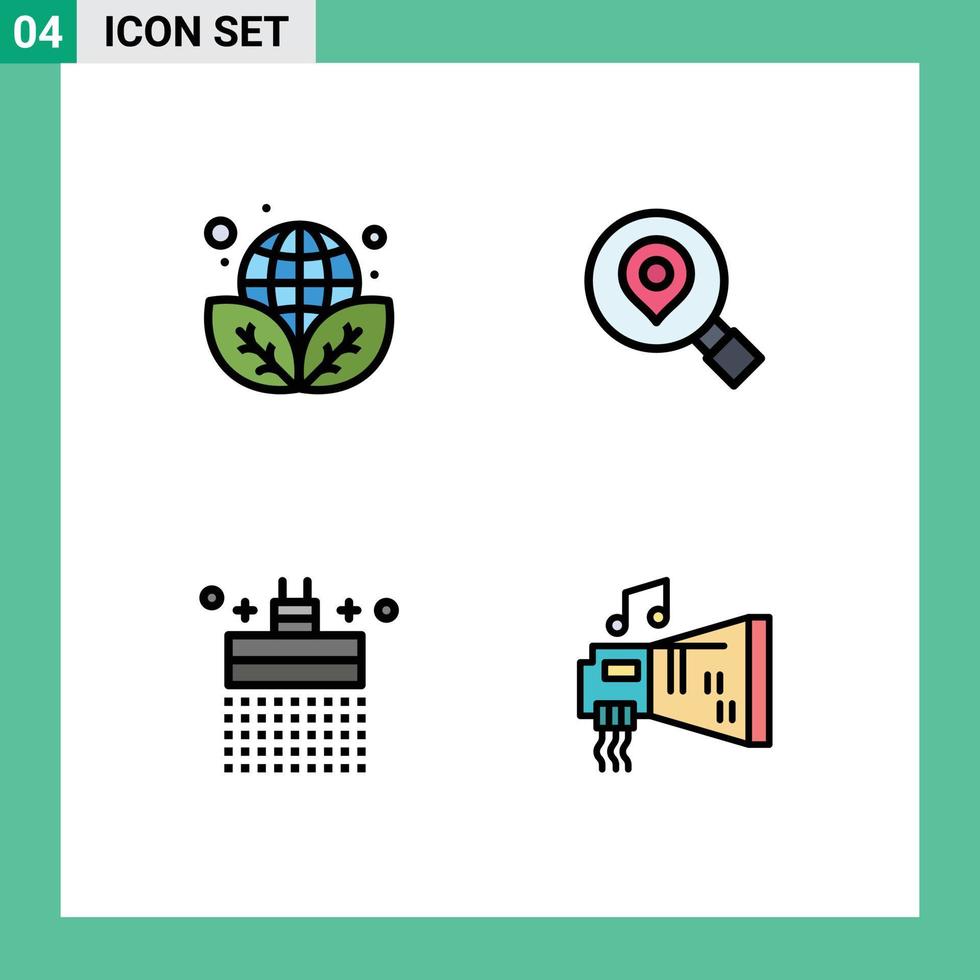 pacote de cores planas fullline de 4 símbolos universais do dia da terra, banheiro, mapa verde, água, elementos de design vetorial editáveis vetor