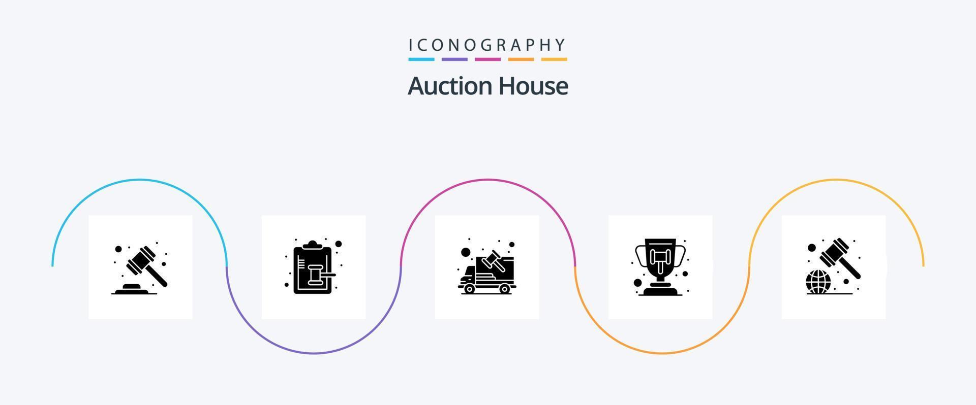pacote de ícones de glifo 5 de leilão, incluindo martelo de juiz. troféu. martelo. recompensa. tribunal vetor