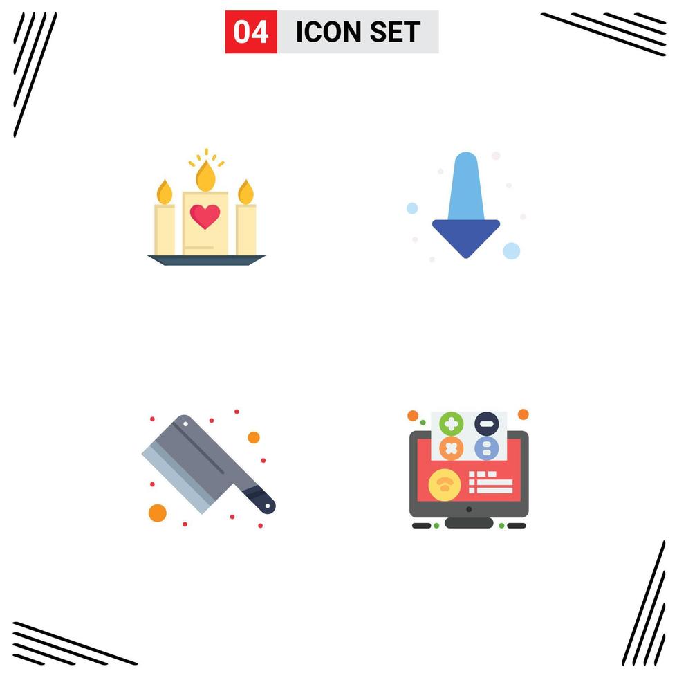 pacote de ícones planos de 4 símbolos universais de casamento de faca de vela completo e elementos de design de vetores editáveis
