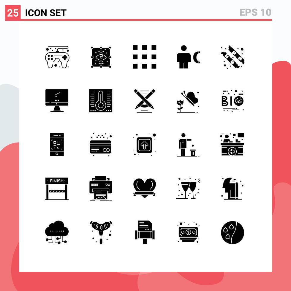 pacote de glifos sólidos de 25 símbolos universais de elementos de design de vetores editáveis de avatar de chamada de código humano de acampamento