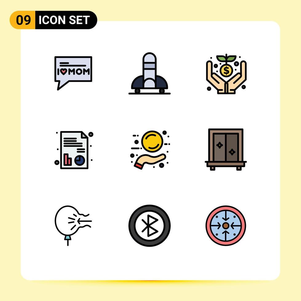 conjunto de cores planas de linha preenchida de interface móvel de 9 pictogramas de oferta de marca doação novos elementos de design de vetores editáveis de relatório