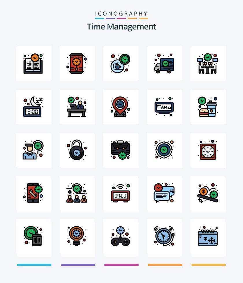 gerenciamento de tempo criativo pacote de ícones preenchidos com 25 linhas, como tempo. jantar. chá. casal. tempo vetor