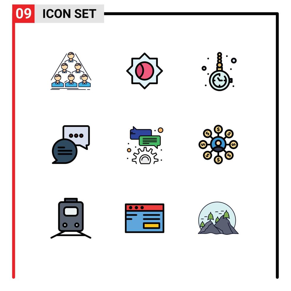 conjunto de cores planas de linha preenchida de interface móvel de 9 pictogramas de acessórios de e-mail de comentários acessórios de relógio de bate-papo acessórios de design de vetores editáveis