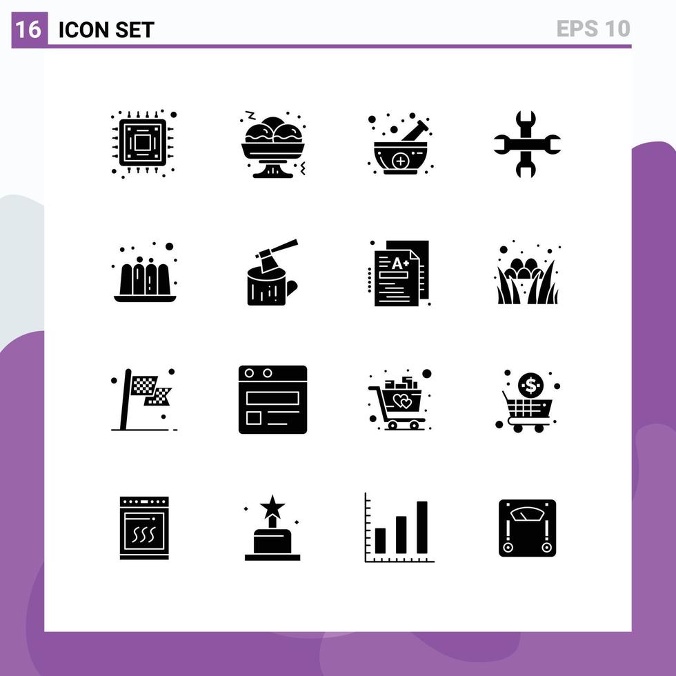16 sinais de glifos sólidos universais símbolos de geleia de toras chave de comida chave de comida elementos vetoriais editáveis vetor