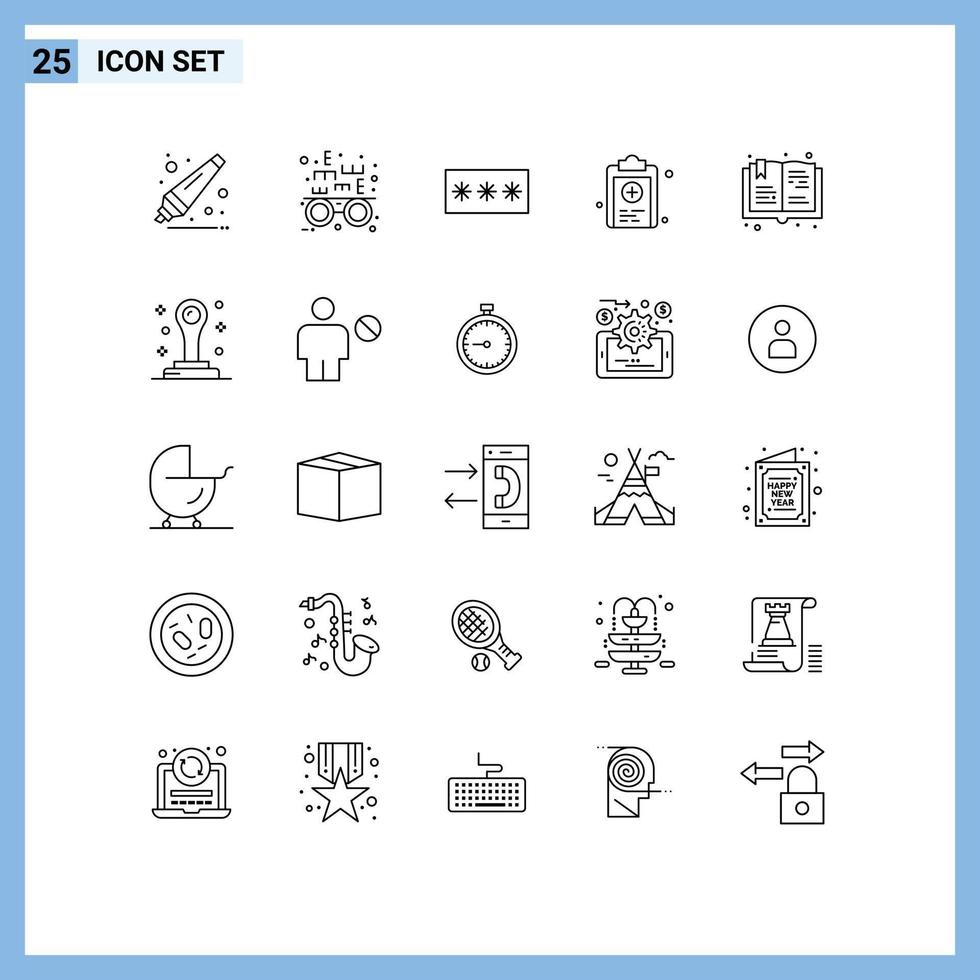 grupo de símbolos de ícones universais de 25 linhas modernas de passatempos, livro, teste de senha, elementos de design de vetores médicos editáveis