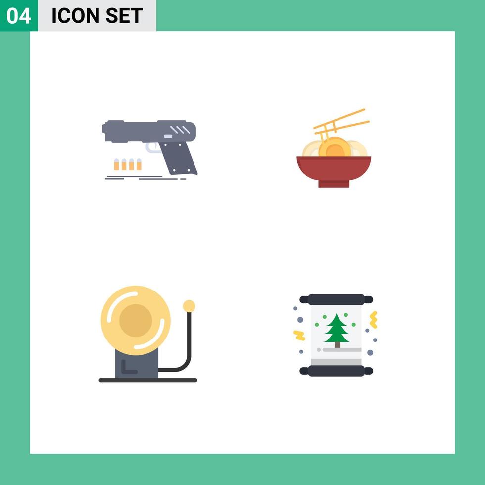 4 pacote de ícones planos de interface de usuário de sinais e símbolos modernos de equipamento de comida de atirador de sino de arma elementos de design de vetores editáveis