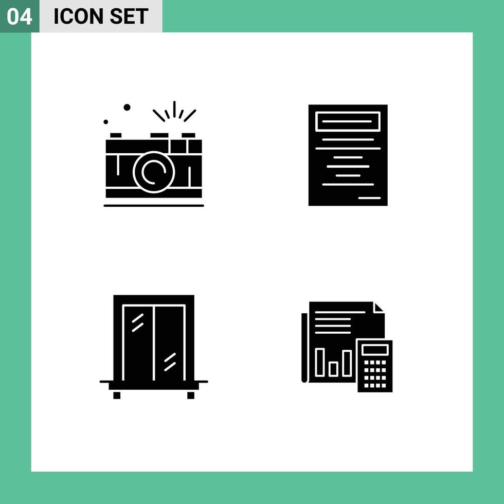 conjunto de pictogramas de 4 glifos sólidos simples de imagem de janela de câmera educação contabilidade elementos de design de vetores editáveis