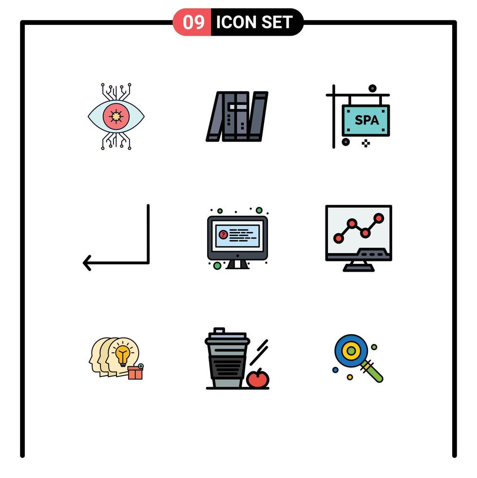 9 interface do usuário pacote de cores planas de linha cheia de sinais e símbolos modernos do computador de volta seta inteligente spa elementos de design vetorial editáveis vetor