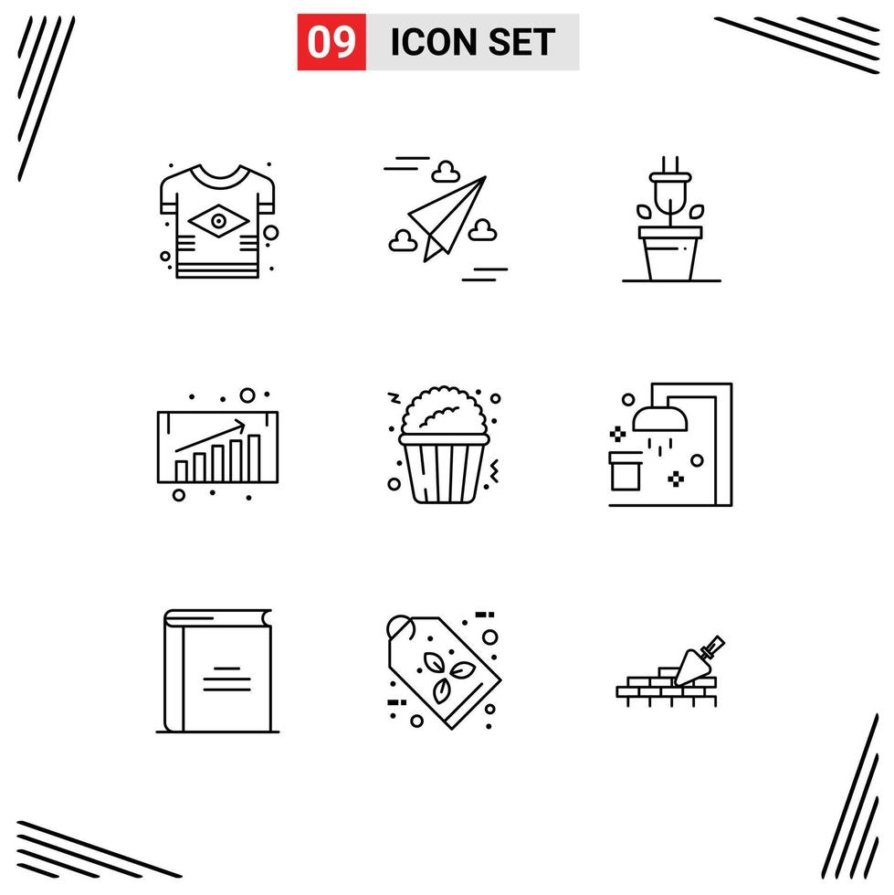 9 ícones criativos, sinais modernos e símbolos de comida, pipoca, mosca, vendas, crescimento comercial, elementos de design de vetores editáveis
