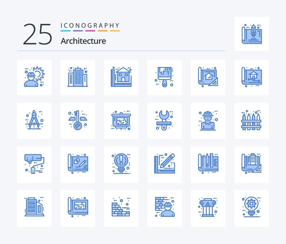arquitetura pacote de ícones de 25 cores azuis, incluindo ferramenta. escovar. empresa. casa. construção vetor