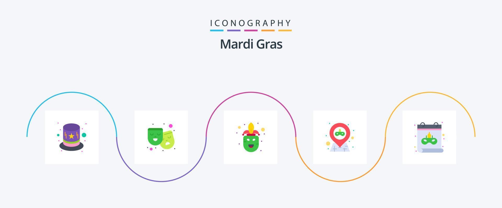 Mardi Gras Flat 5 Icon Pack incluindo data. calendário. fantasia. festa. mapa vetor