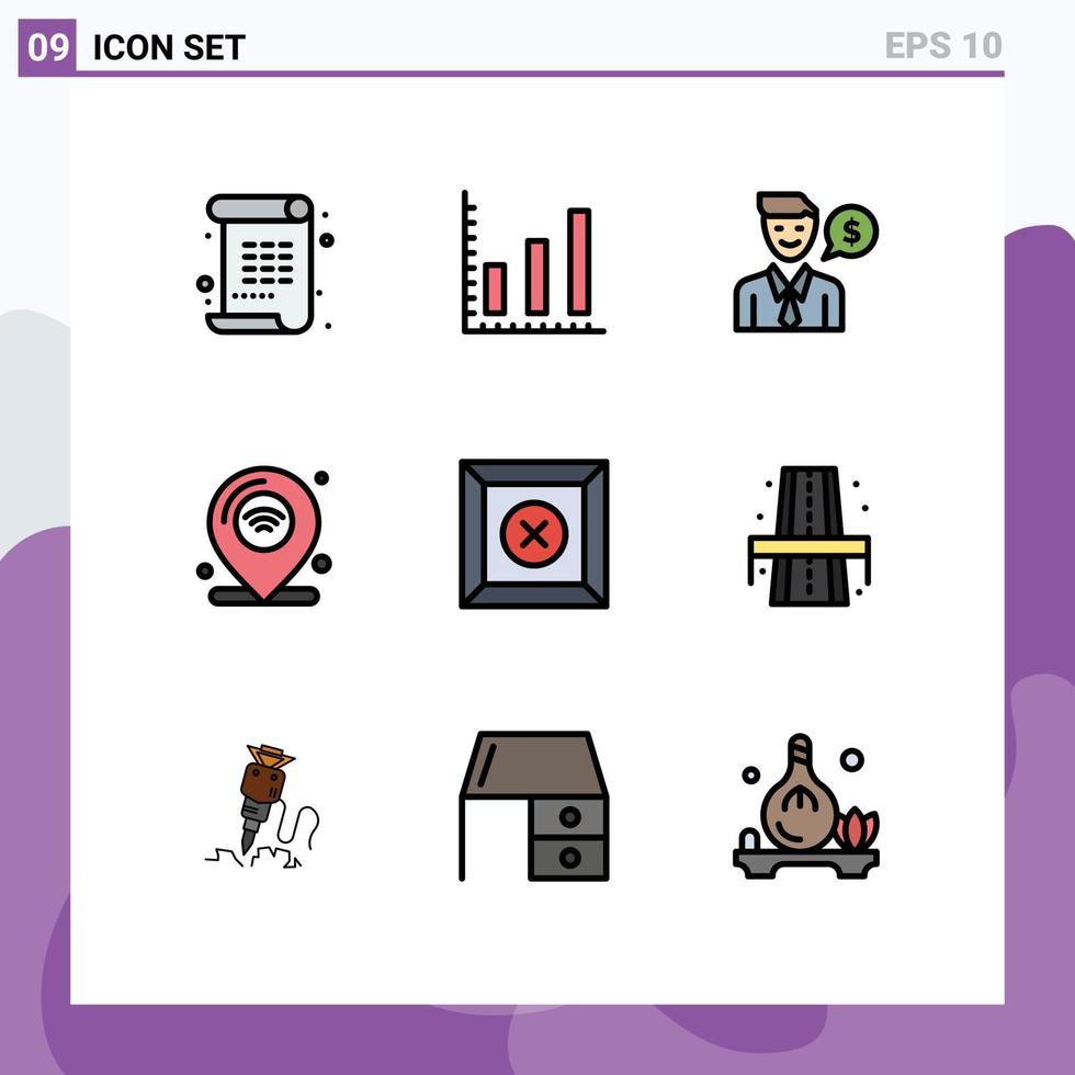 grupo de 9 sinais e símbolos de cores planas de linha preenchida para excluir wifi trabalho iot internet elementos de design de vetores editáveis