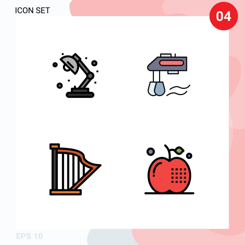 grupo de símbolos de ícone universal de 4 cores planas de linhas preenchidas modernas de elementos de design de vetores editáveis de música manual de escola de harpa de lâmpada