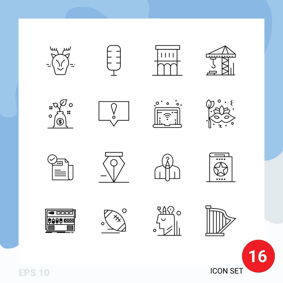 grupo de 16 descreve sinais e símbolos para elementos de design de vetores editáveis de crain de construção de orçamento de investimento