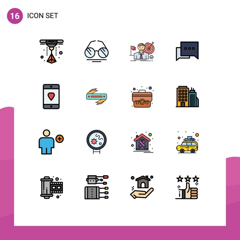 pacote de interface do usuário de 16 linhas básicas cheias de cores planas de dispositivos de amor atingem elementos de design de vetores criativos editáveis de bate-papo de celular